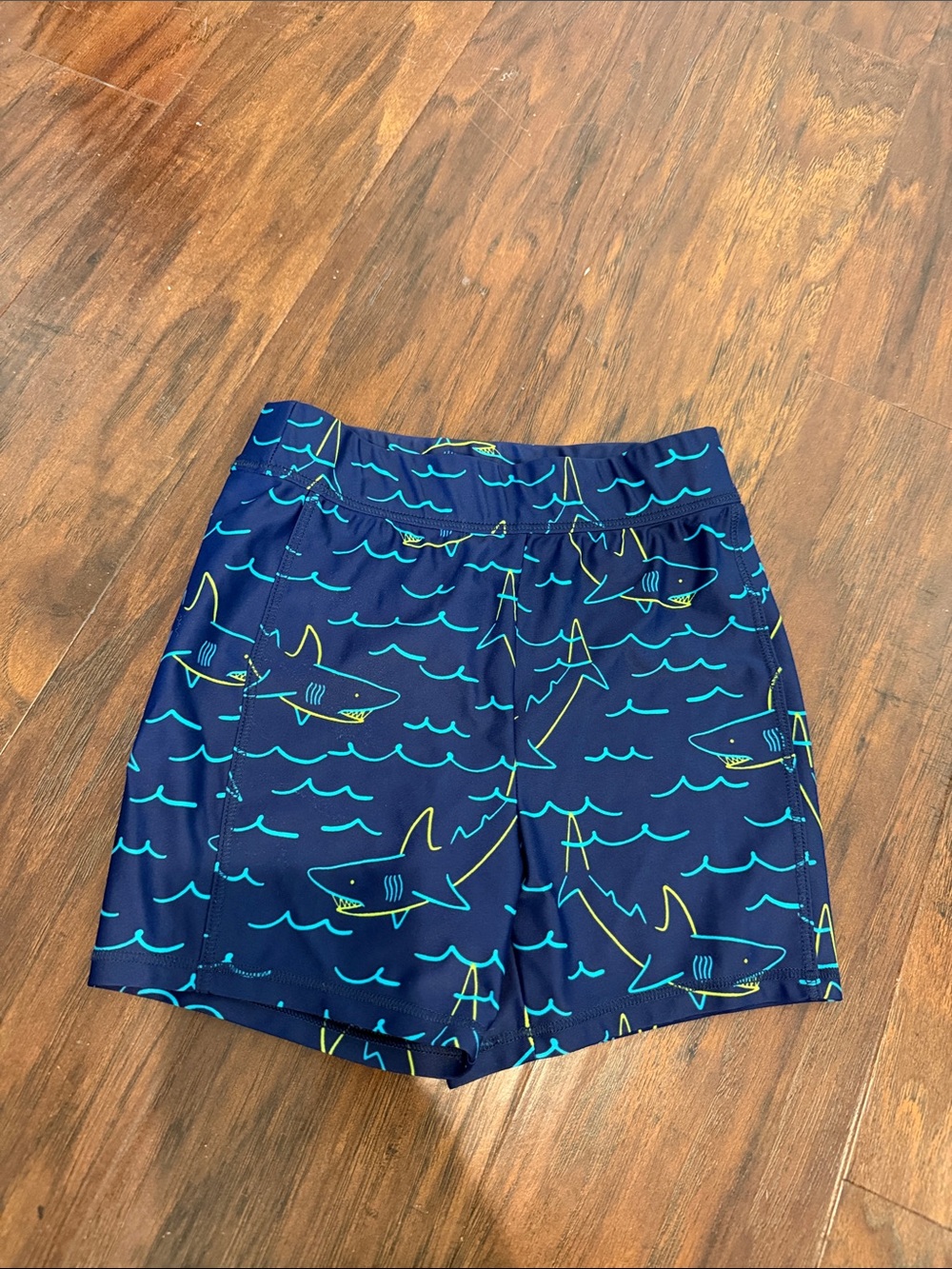 L.L. Bean Navy Blue Kids Swim Shorts with Teal and Yellow Shark Print